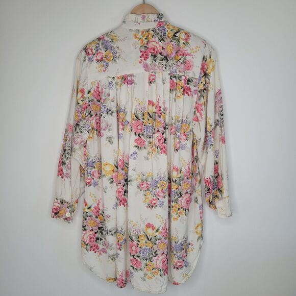 Vintage Floral Oversized Button Up Top Size S Pleated Longline Flowy Cottage - Picture 6 of 11